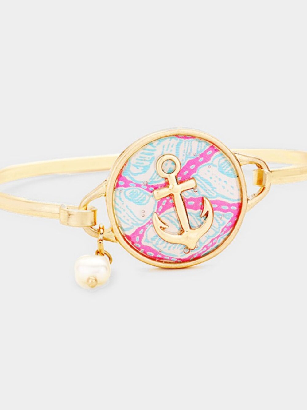 Patterned Anchor Pearl Charm Hook Bangle Bracelet - Nautical Beach Jewelry